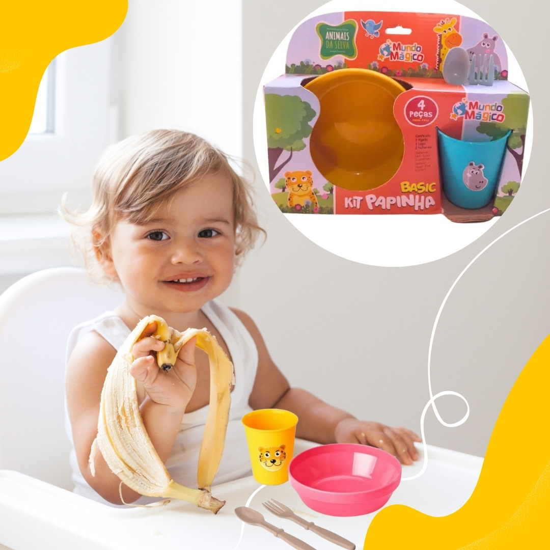 Kit Refeição Bebê 4 Peças Colorido – Tigela, Caneca e Talheres Seguros – Homeplay Mundo Mágico