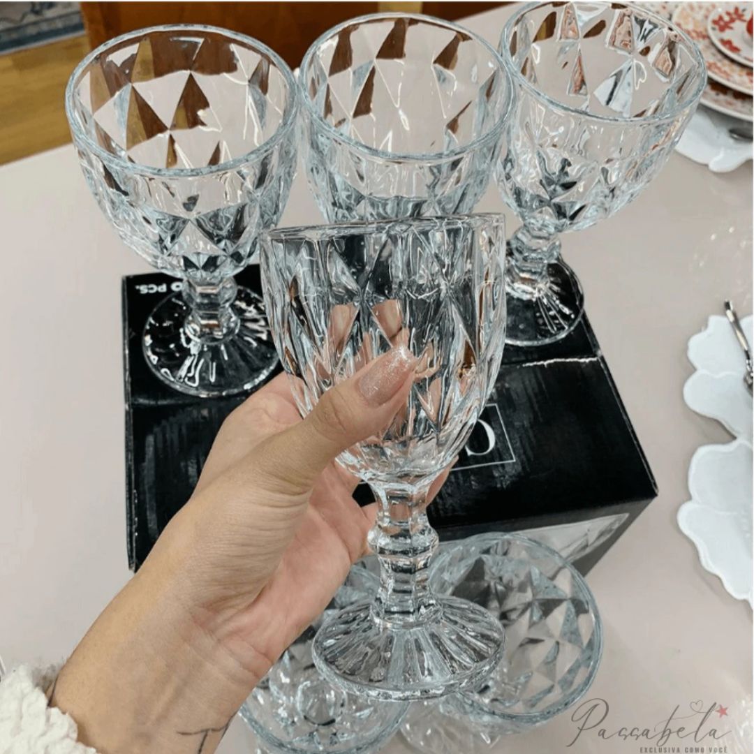 Jogo de Taças 6 Peças Vidro Diamond Transparente 340ml – Elegância e Qualidade